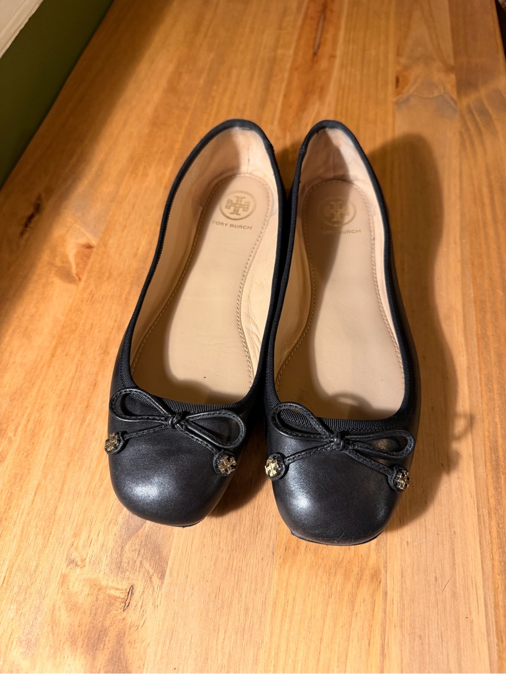 Tory Burch Laila Driver Black Leather Bow Ballet Flats - Picture 3 of 4